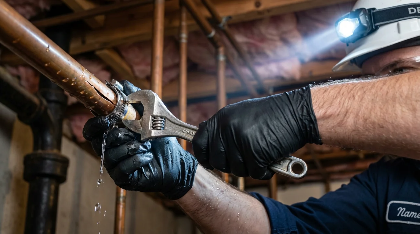 Emergency pipe clamp repair being performed by a Johns Plumbing LLC plumber in Hazel Green