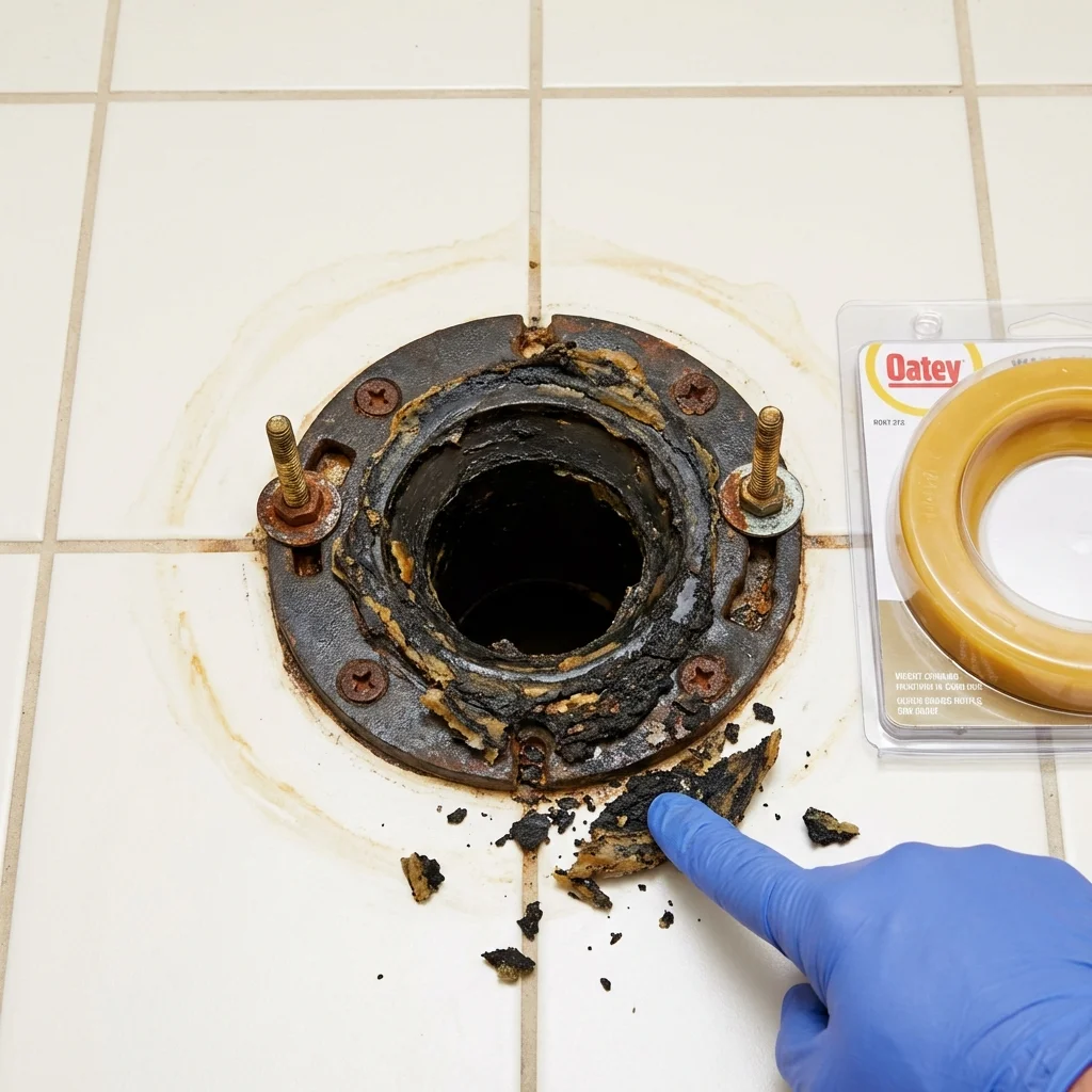 Failed wax ring showing water seepage at the base of a toilet in a Hazel Green, AL home