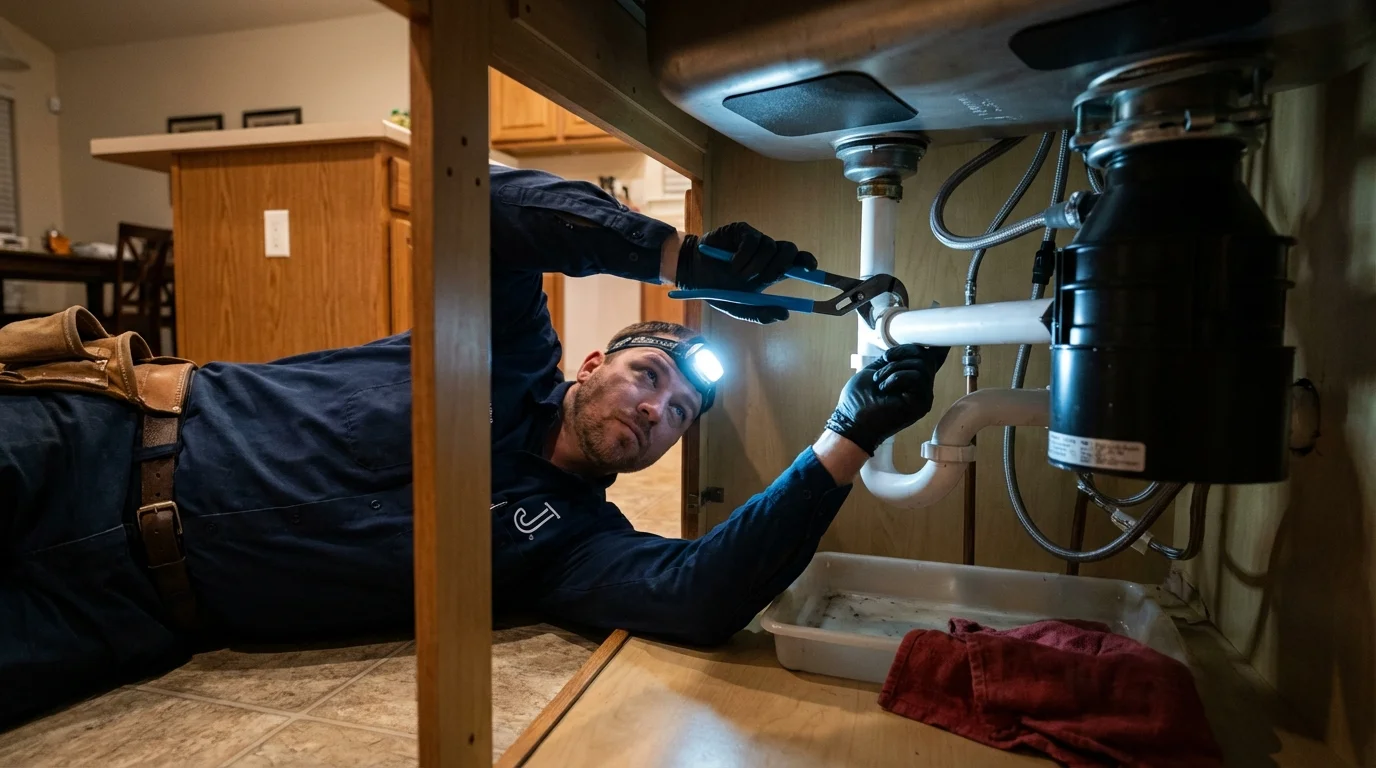 P-trap and supply line connections under a kitchen sink showing a common leak point in Hazel Green, AL